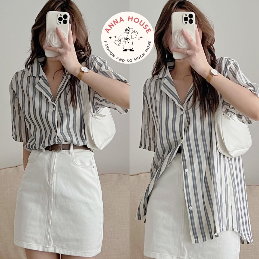 Áo sơ mi nữ cộc tay cổ vest kẻ sọc xanh, xám chất đũi form rộng, Áo sơ mi nữ tay ngắn, dài cổ vest kẻ sọc Freesize