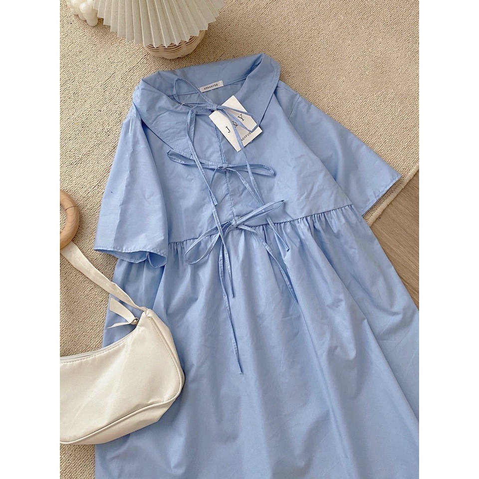 [RẺ VÔ ĐỊCH]  Váy Babydoll Xanh 3 Nơ - Váy cộc tay dáng xòe tiểu thư phong cách hàn quốc