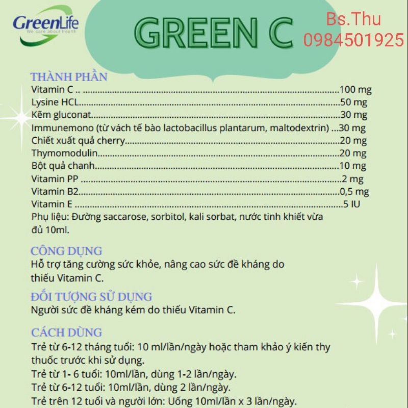 GREEN C hộp 20 ống uống bổ sung vitamin, Lysin, Kẽm, Thymodulin hỗ trợ tăng cường đề kháng