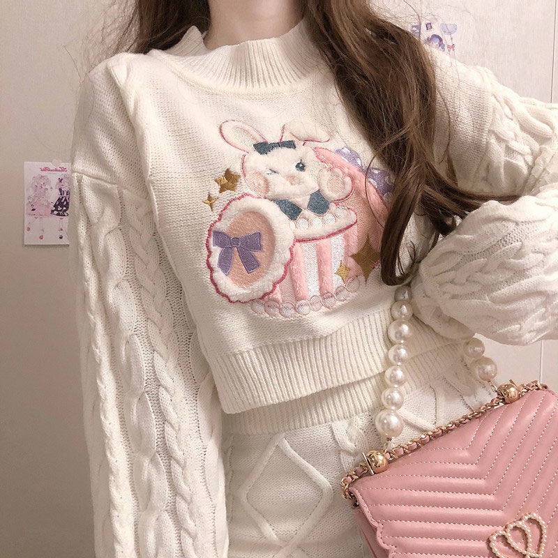 Bộ Áo Sweater Dệt Kim Phối Chân Váy Ngắn Thêu Hình Thỏ Kiểu Nhật Bản Thời Trang Mùa Thu Mới Cho Nữ 2021
