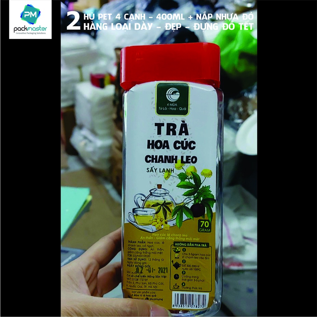 Combo 2 chiếc Hũ pet 4 cạnh 400ml + Nắp nhựa màu Đỏ/Trắng