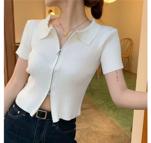 Áo Kiểu EVA CROPTOP thiết kế đơn giản có khoá kéo trước ngực from chuẩn basic tôn dáng