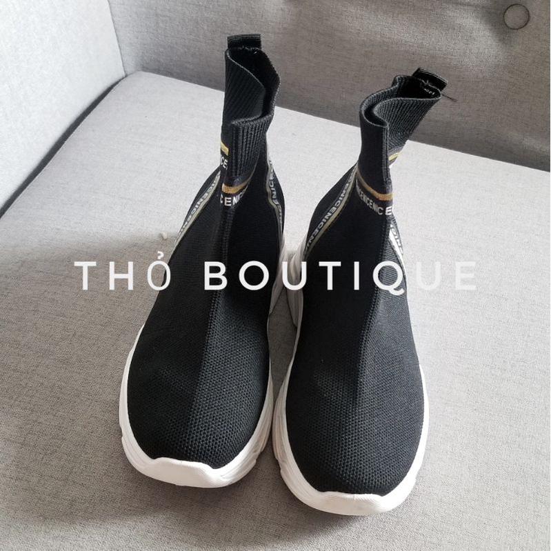 Giày thể thao NICE len thun cổ cao đen sọc chữ đế 3cm size 35, 36