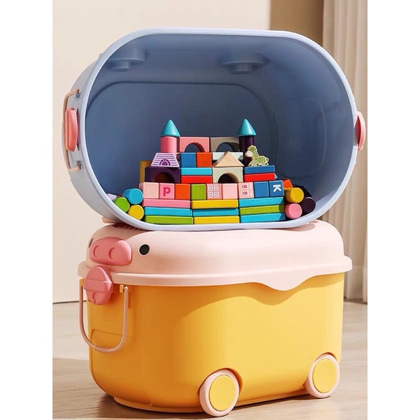 Thùng Đựng Đồ Chơi, Hộp Đựng Đồ Dùng Cho Bé Hình Heo Có Bánh Xe, Nắp Có Thể Chơi Xếp Hình