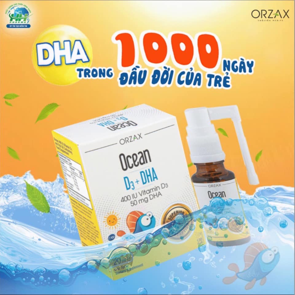 Ocean D3 DHA Vitamin d3 dha cho bé Dầu cá Omega 3 Canxi Tăng chiều cao Phát triển trí não cho trẻ Xịt Nhỏ giọt Lọ 20ml