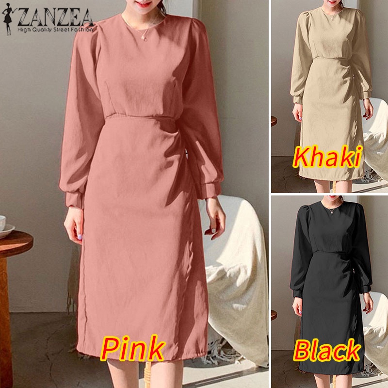 Đầm ZANZEA dài tay cổ tròn thời trang phong cách Hàn Quốc cho nữ
