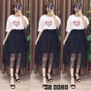 Ms 6828. Chân váy maxi ren. Có  màu đen chanh sả