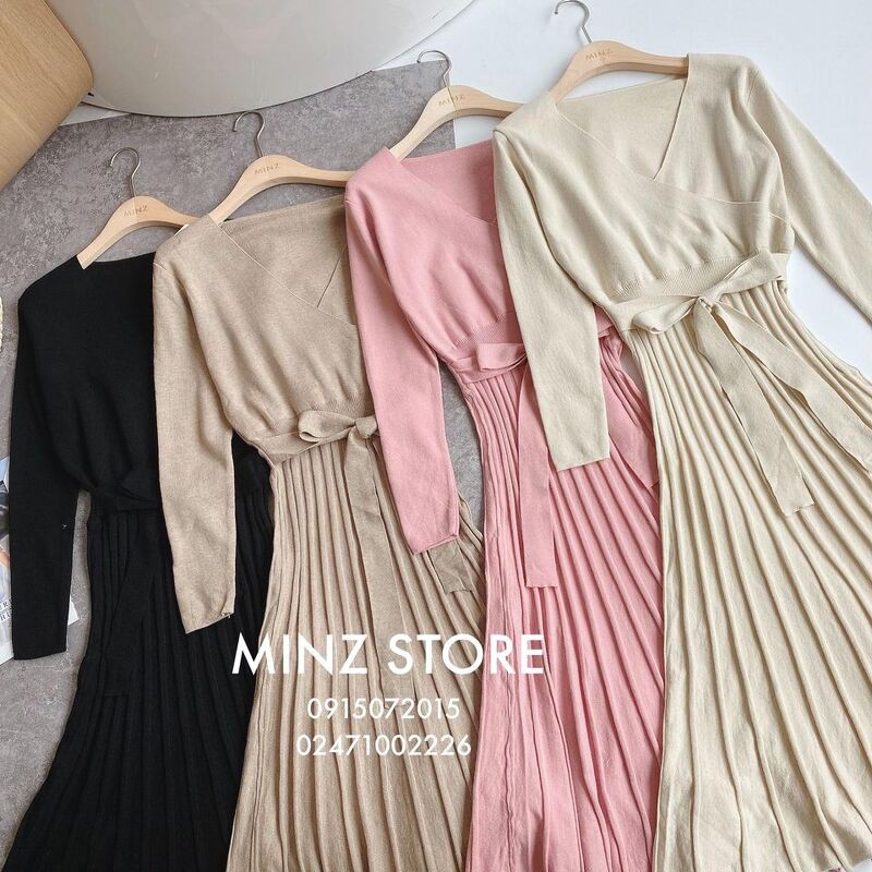 Váy len cổ tim chân dập ly buộc nơ #038 (4 màu)