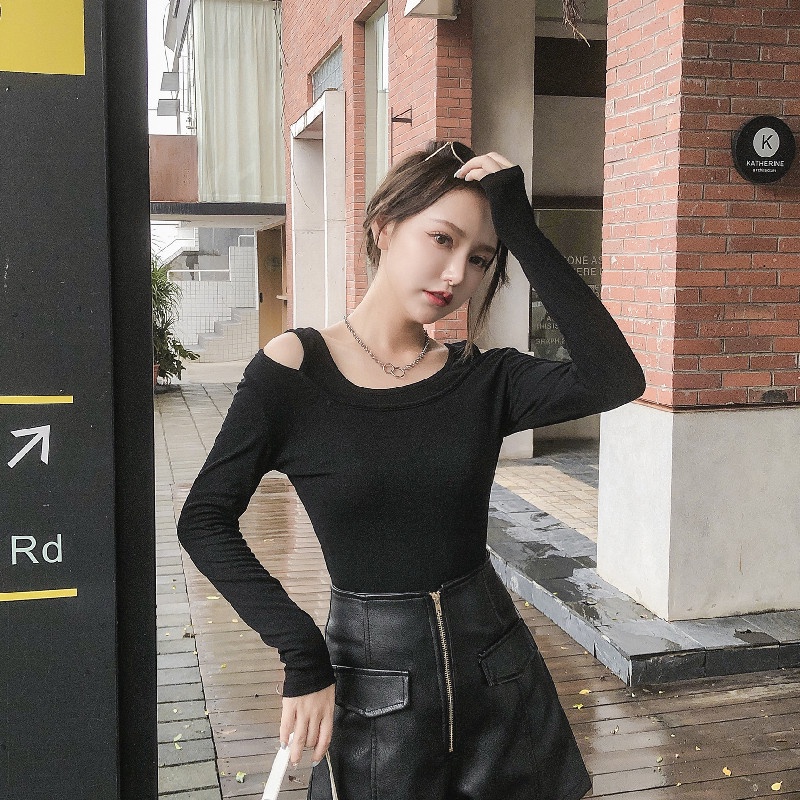 Áo thun COZOK tay dài hở vai màu trơn đơn giản dễ phối đồ thời trang