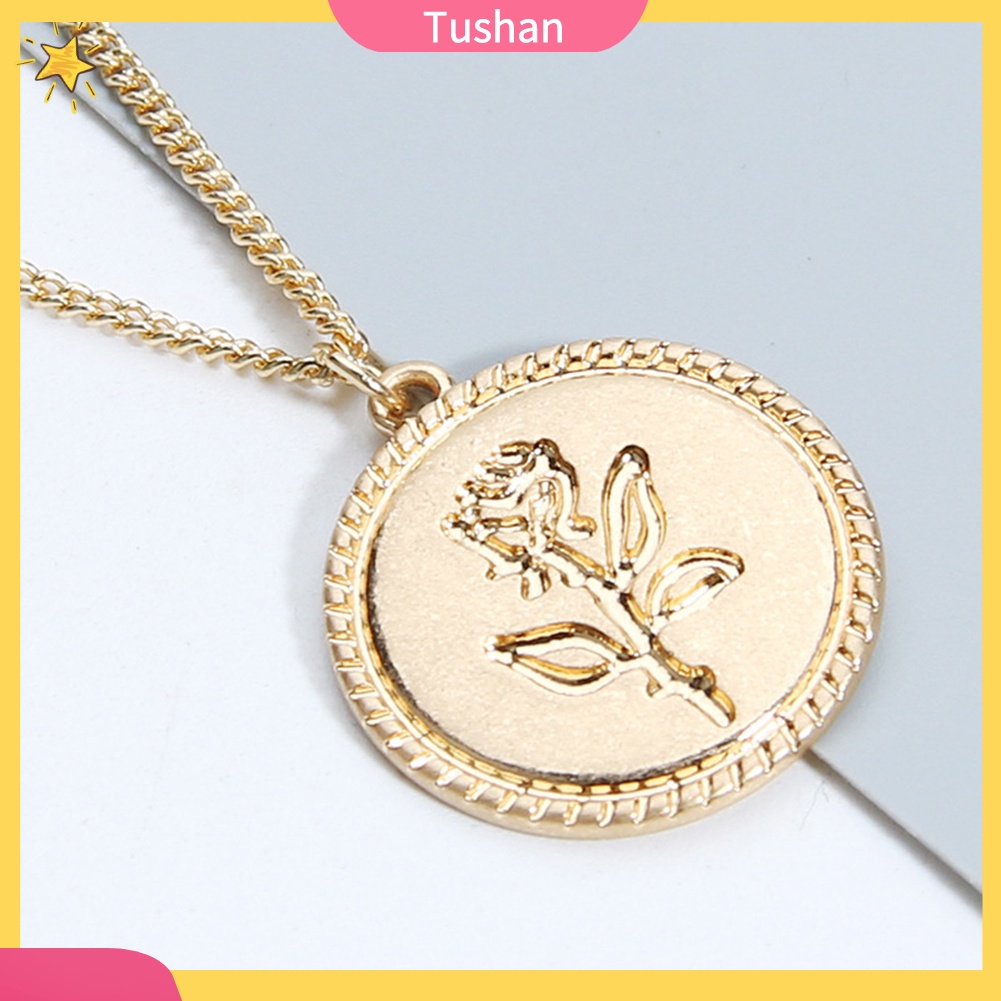 Dây chuyền mặt tròn họa tiết hoa hồng phong cách vintage