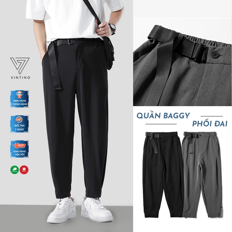 Quần tây baggy nam nữ cạp chun kèm đai thắt lưng co giãn ống suông Unisex. quần âu nam cạp cao vải tuyết mưa VINTINO QDG