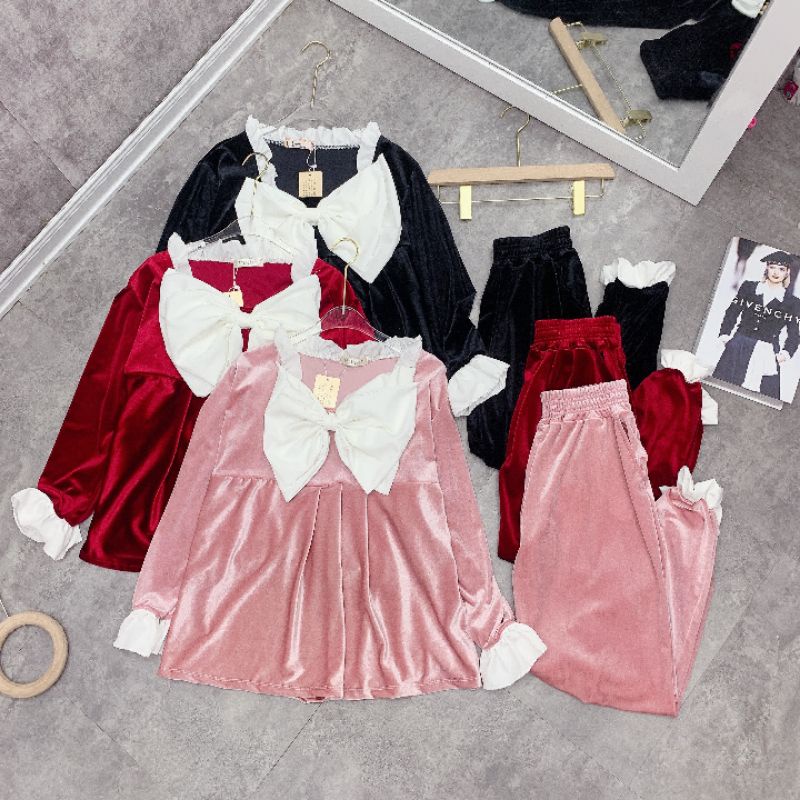 Bộ ngủ nhung phối nơ tay bèo | BigBuy360 - bigbuy360.vn