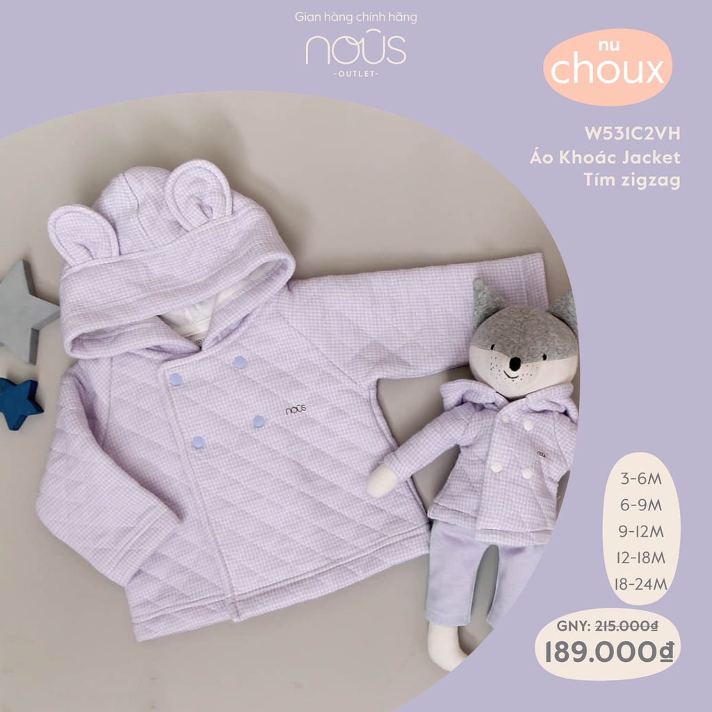 Áo Khoác Mũ Gấu Cao Cấp Nous - Màu Tím Nhạt Chất Liệu Nu Choux Bé Trai Bé Gái (Size Từ 3-24M)