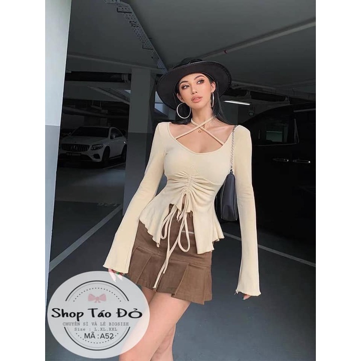 (TÁO ĐỎ BIGSIZE 55-90KG) Áo Kiểu Nữ Ôm Body Tay Dài Cổ Chéo RÚT EO DÀI TAY, Thun gân Borip dày dặn A52