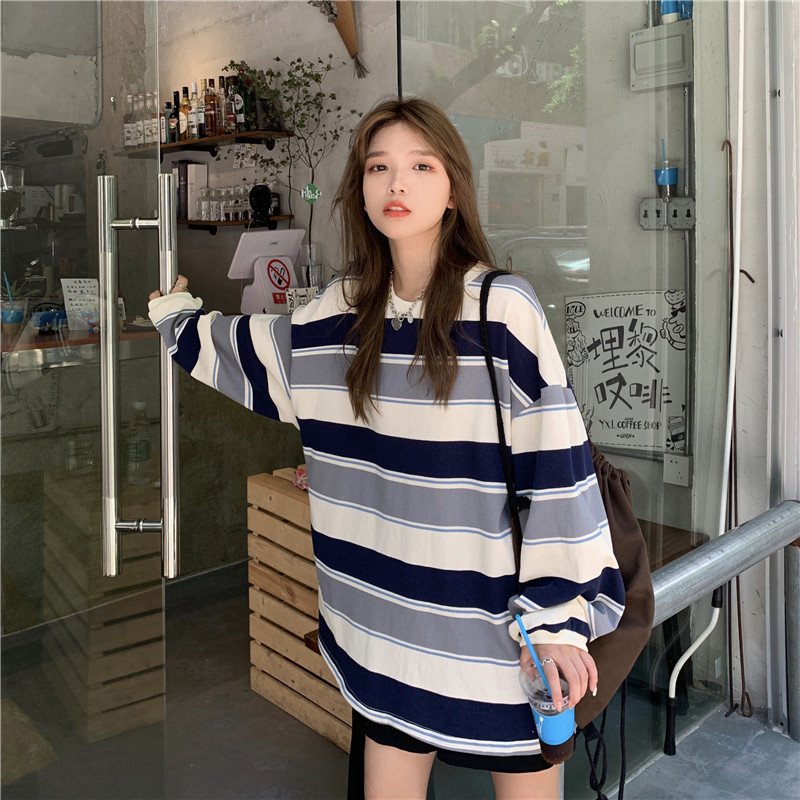 Áo sweater tay dài kẻ sọc ngang nhiều màu sắc phong cách Hàn Quốc trẻ trung cho nữ