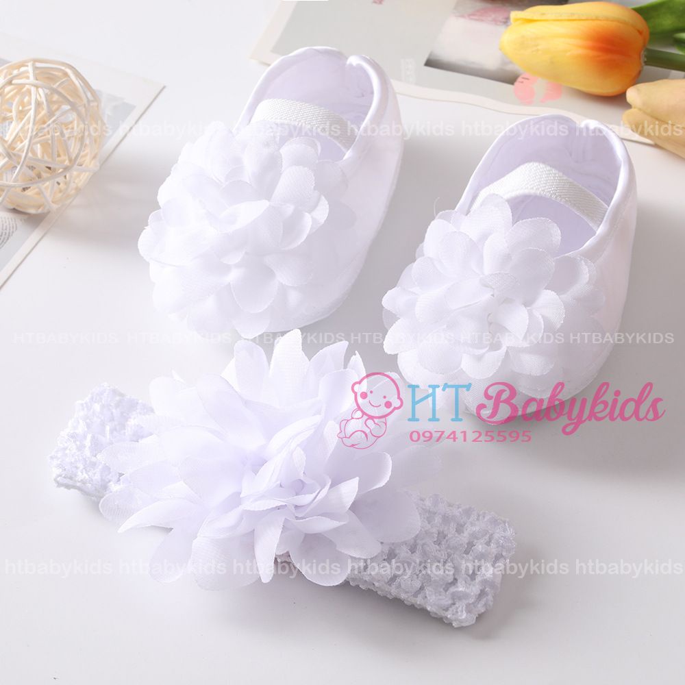 [ HÀNG LOẠI 1 ] Set Giày + Băng Đô Nơ Hoa Xinh Xắn Cho Bé Gái Đầy Tháng Thôi Nôi