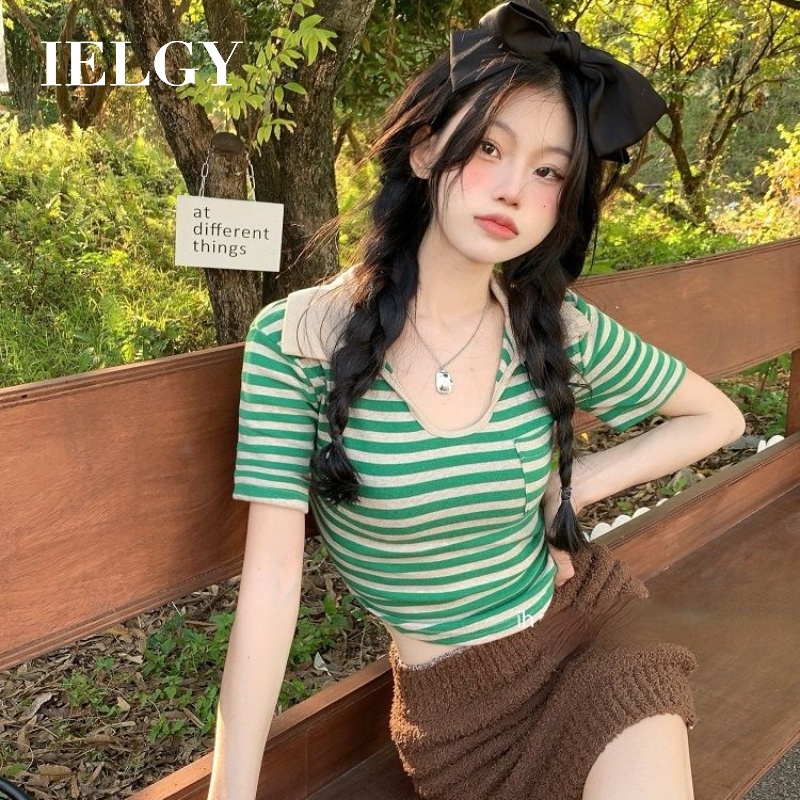 Áo Thun Croptop Ngắn Tay Cổ Chữ V Họa Tiết Kẻ Sọc Thời Trang Mùa Hè Dễ Phối Đồ Cho Nữ