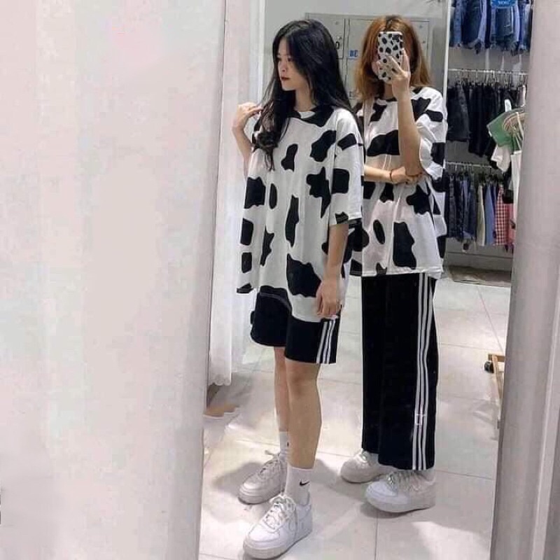 Set bộ áo bò sữa kèm quần sooc 3 sọc, bộ short đùi, áo thun tay lỡ hoạ tiết bò sữa, bộ mặc nhà kute form thụng