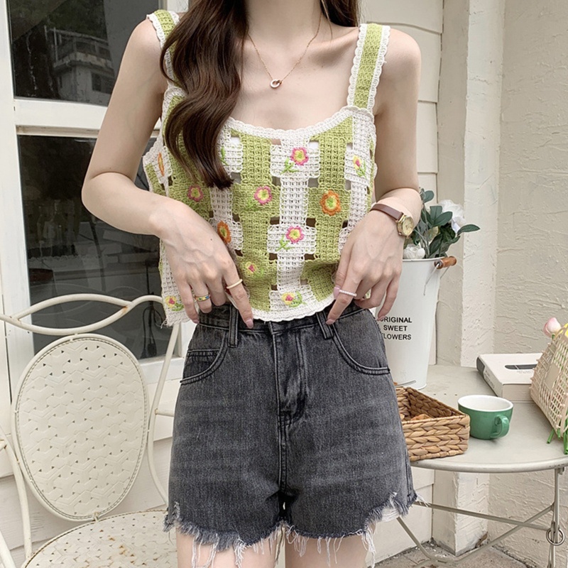 Whi Áo Croptop Dệt Kim Không Tay Thêu Hoa Khoét Rỗng Màu Sắc Tương Phản Cổ Điển Cho Nữ