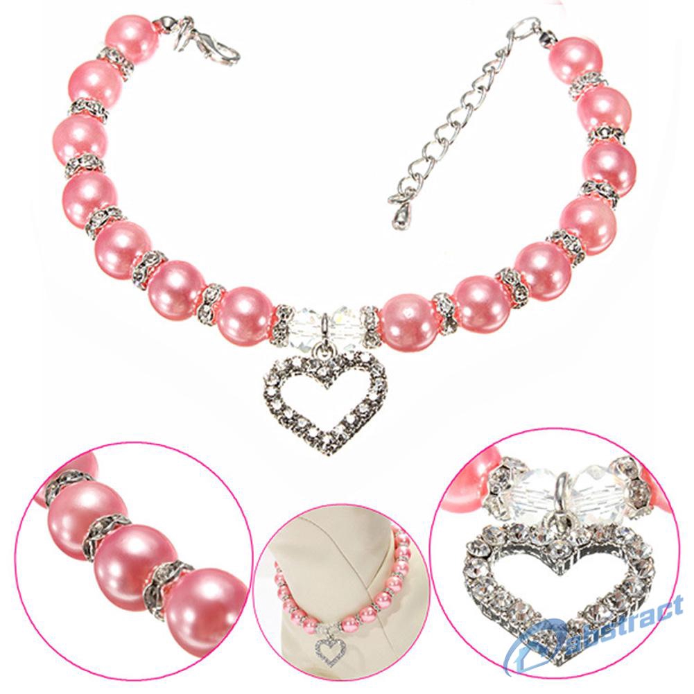 AB Pet Dog Puppy Cat Pearls Necklace Collar Crystal Heart Charm Pendant