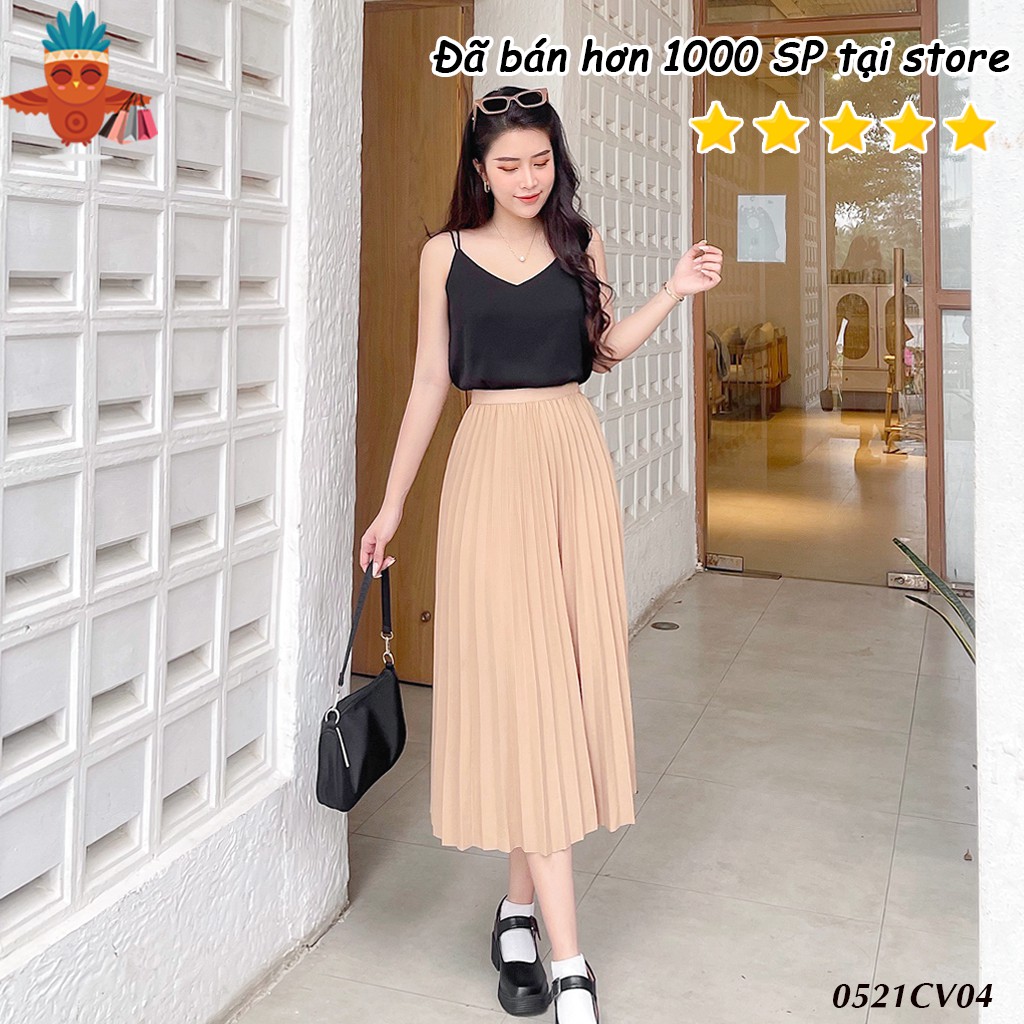 Chân váy xếp li dáng dài cạp cao lưng thun 808 đen, kem, nâu THOCA HOUSE phối đồ đi làm, đi chơi