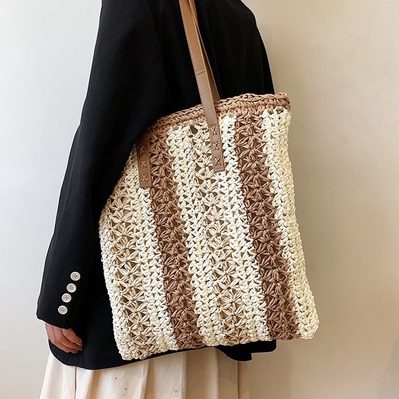 Túi cói Tote vuông Vintage dây da - sọc dọc pha màu (mẫu mới)