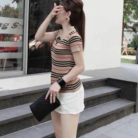 áo cổ bẻ ôm body kẻ sọc ngang màu nâu xinh siêu xinh xắn nhé