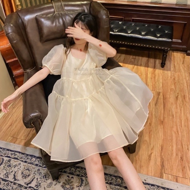 Váy babydoll xòe dạo phố màu kem tay phồng tơ óng bánh bèo siêu xinh DC-0056-babytee