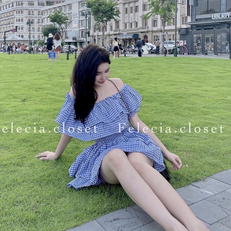 Đầm Kẻ Xanh Bèo Vai Thiết Kế Xếp Tầng Thời Trang 2 Màu✌️Ảnh Thật