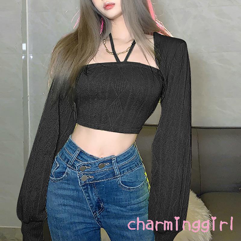 Set áo dây croptop + áo khoác tay dài màu trơn thời trang sành điệu cho nữ