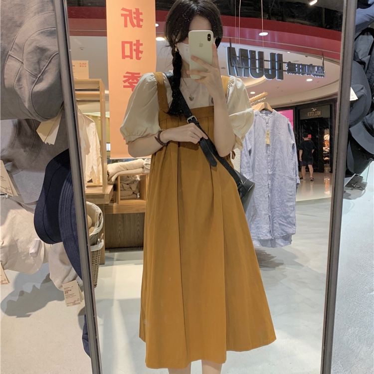 Set Áo Sơ Mi Dài Tay + Đầm Yếm Dài Qua Gối Phong Cách Preppy Mùa Hè Cho Nữ