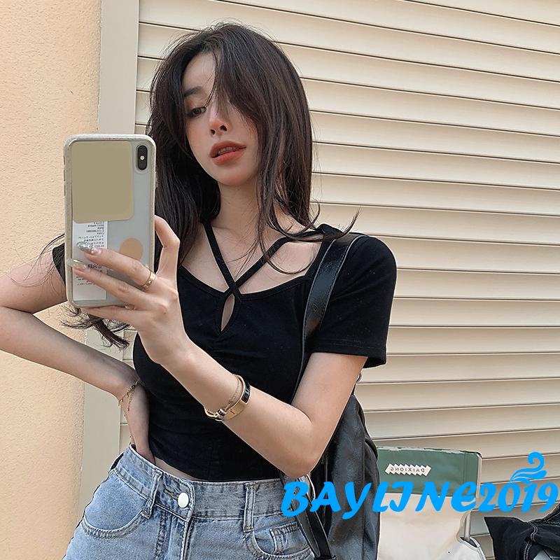 BAY-Women Casual Crop Tops, Solid Color Short Sleeve Slim-Fit Pleated Tops, One Size