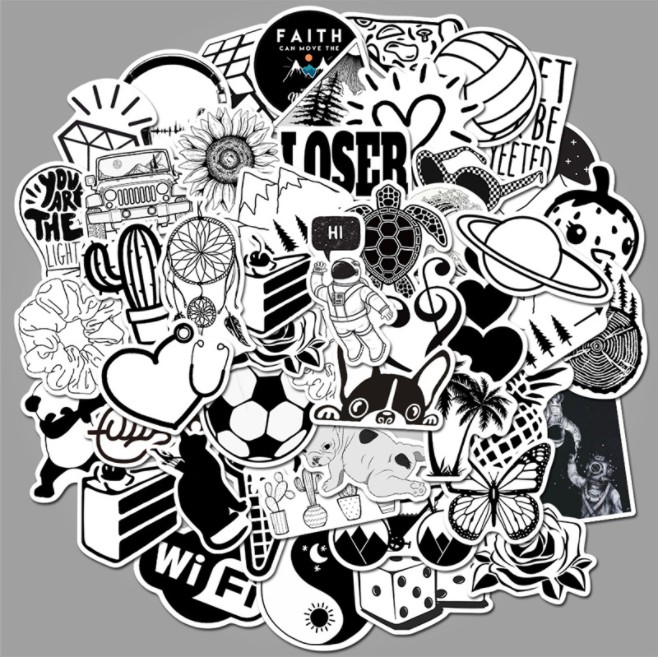 Combo sticker TRẮNG ĐEN nhựa PVC không thấm nước, dán nón bảo hiểm, laptop, điện thoại, Vali, xe