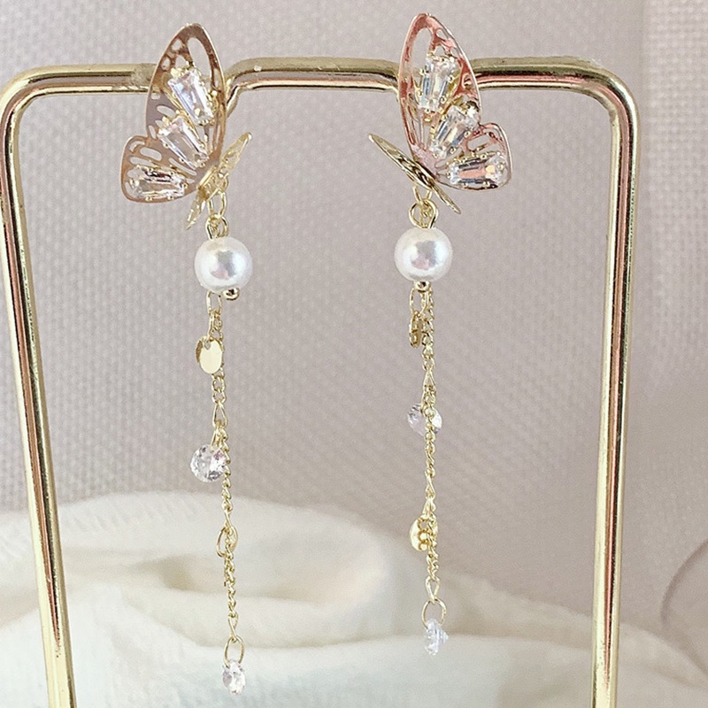 Bông Tai Bạc Dáng Dài Hình Bướm Ba Chiều Đính Ngọc Trai Pha Lê Siêu Nữ Tính JP5