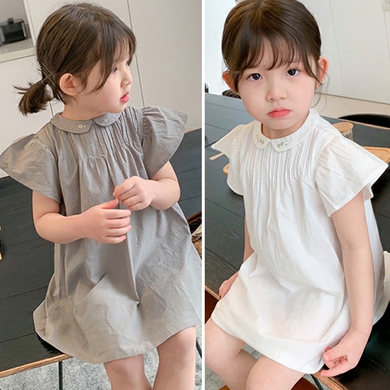 Đầm Công Chúa Xếp Ly Cổ Búp Bê Chất Liệu Cotton Thêu Họa Tiết Phong Cách Hàn Quốc Đơn Giản Dành Cho Bé Gái