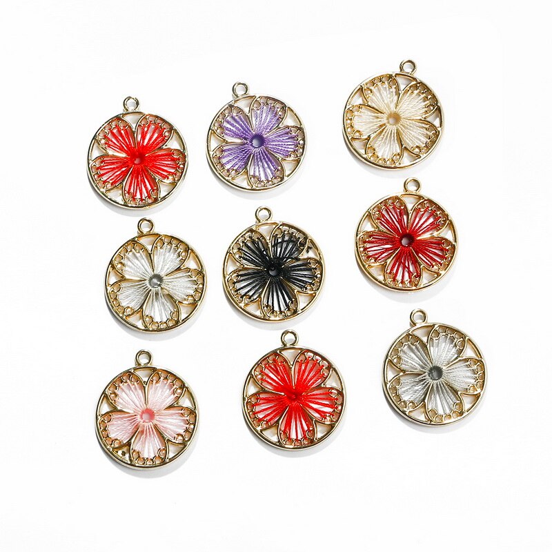 Bộ 2 mặt dây chuyền hình tròn họa tiết hoa lá tráng men dùng để làm đồ thủ công