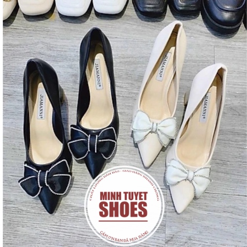 Giày cao gót công sở nữ Minhtuyetshoes-Giày nữ mũi nhọn gót vuông cao 7 phân nơ đính đá mẫu mới mã GCS2022