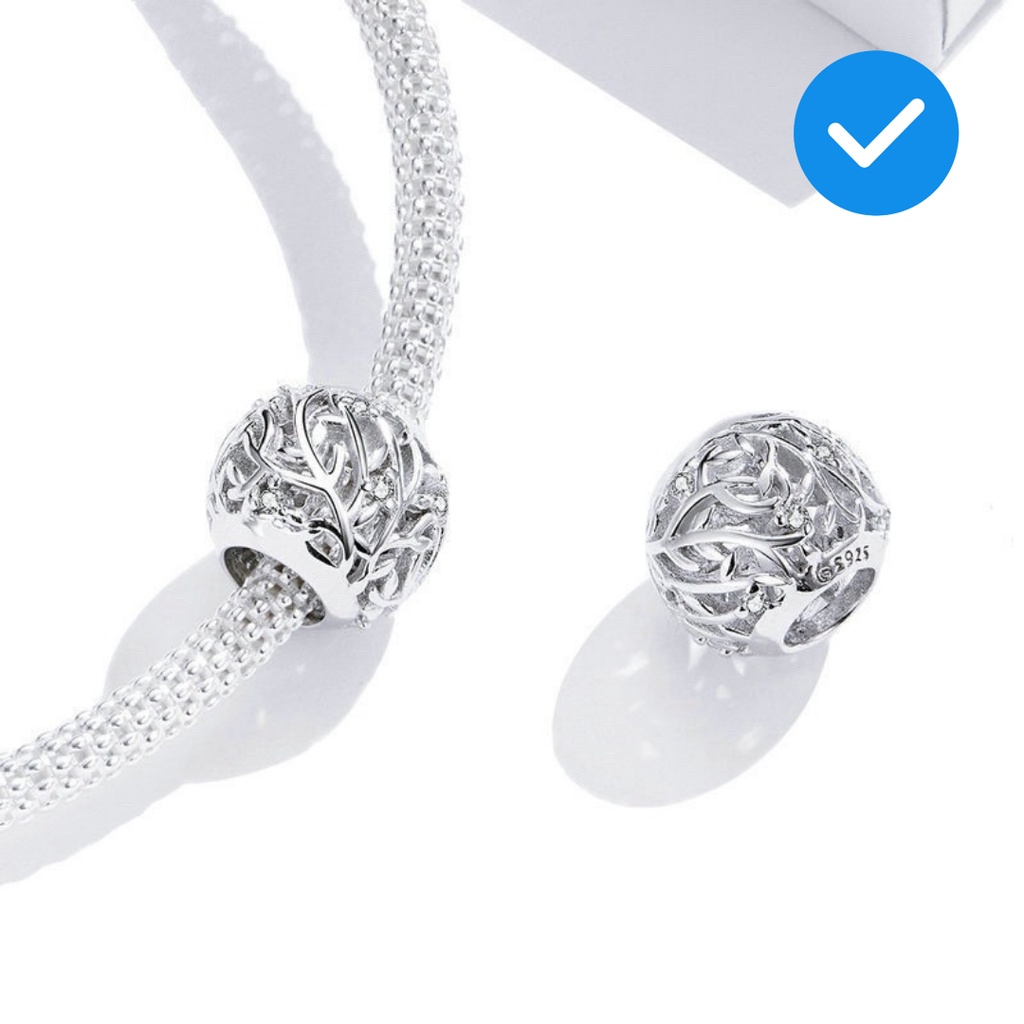 Charm bạc H.A.S hình tròn nhánh cây đính đá nhỏ - Hạt charm bạc thời trang