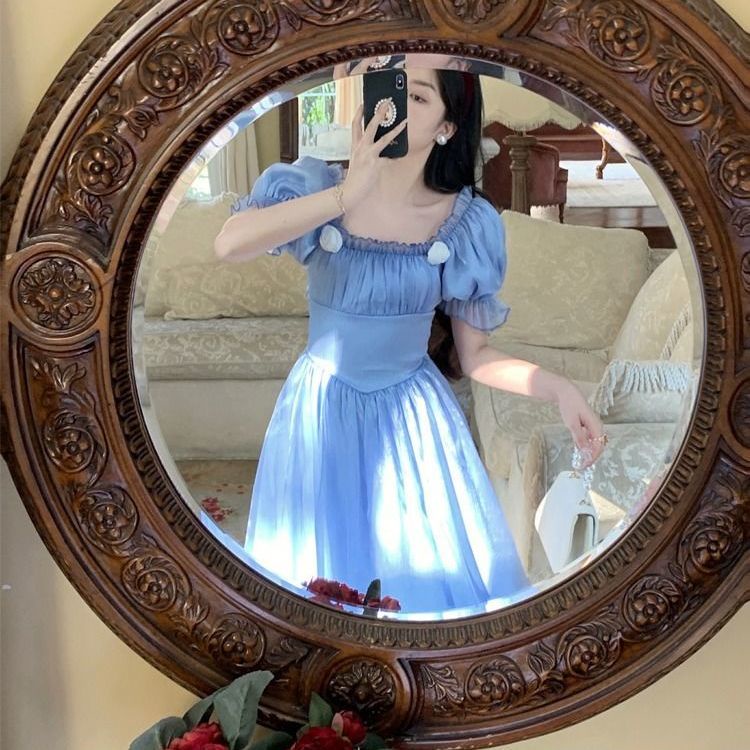 Women's French dress specially designed back bow waist tight court style first love skirt retro gentle