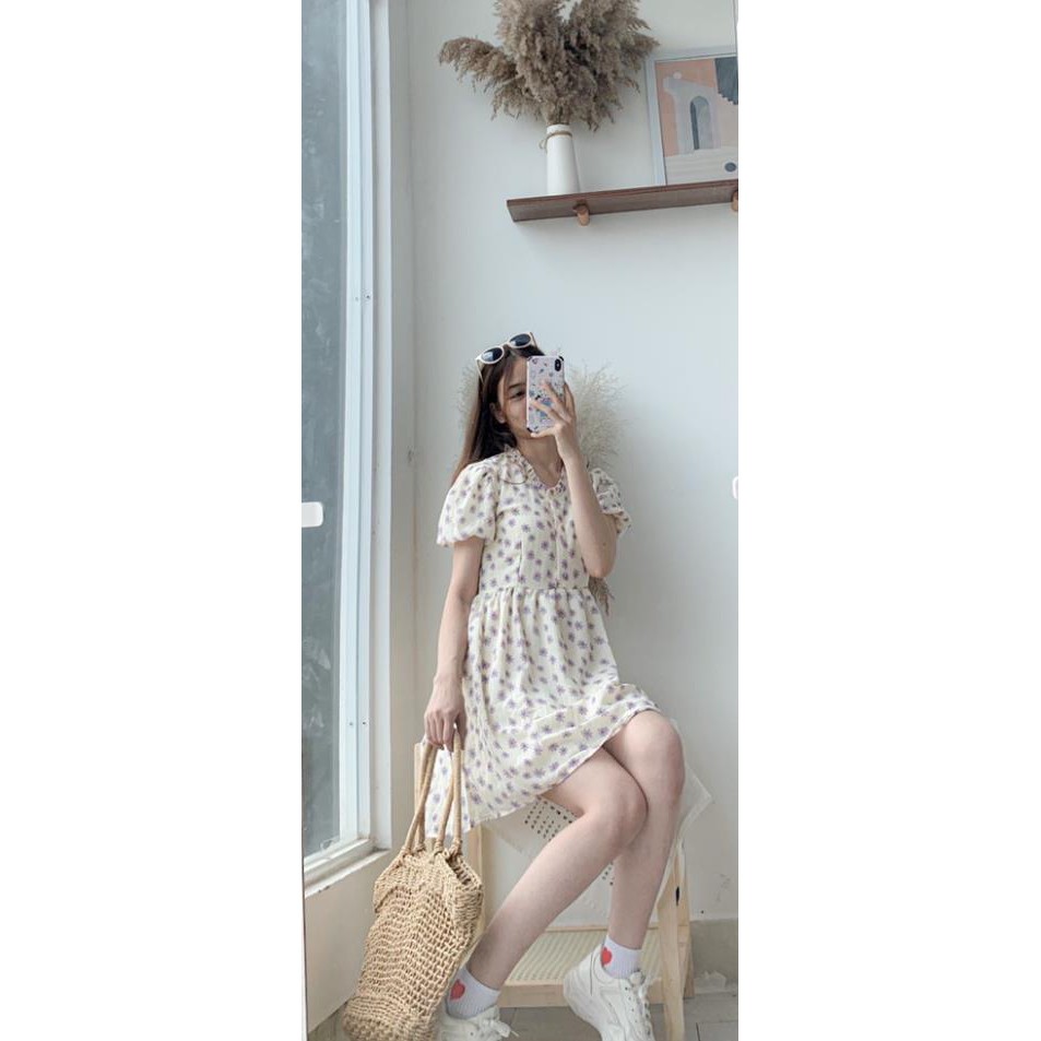 Đầm [Liamstores] Váy Cúc Tím Nền Trắng Tay Bồng | BigBuy360 - bigbuy360.vn