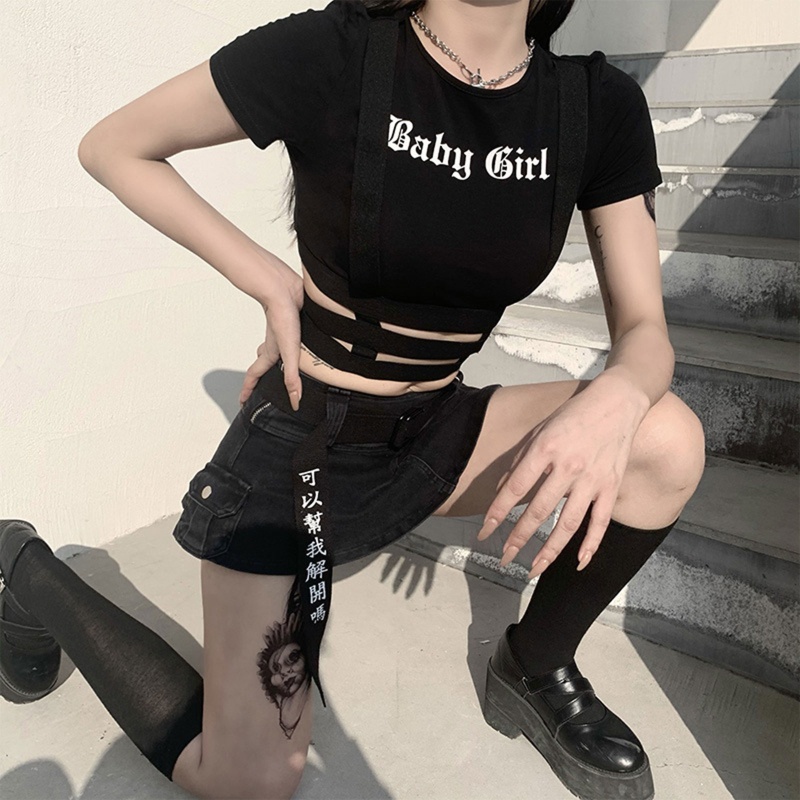 Áo Thun Crop Top Nữ Tay Ngắn In Chữ Phong Cách Harajuku