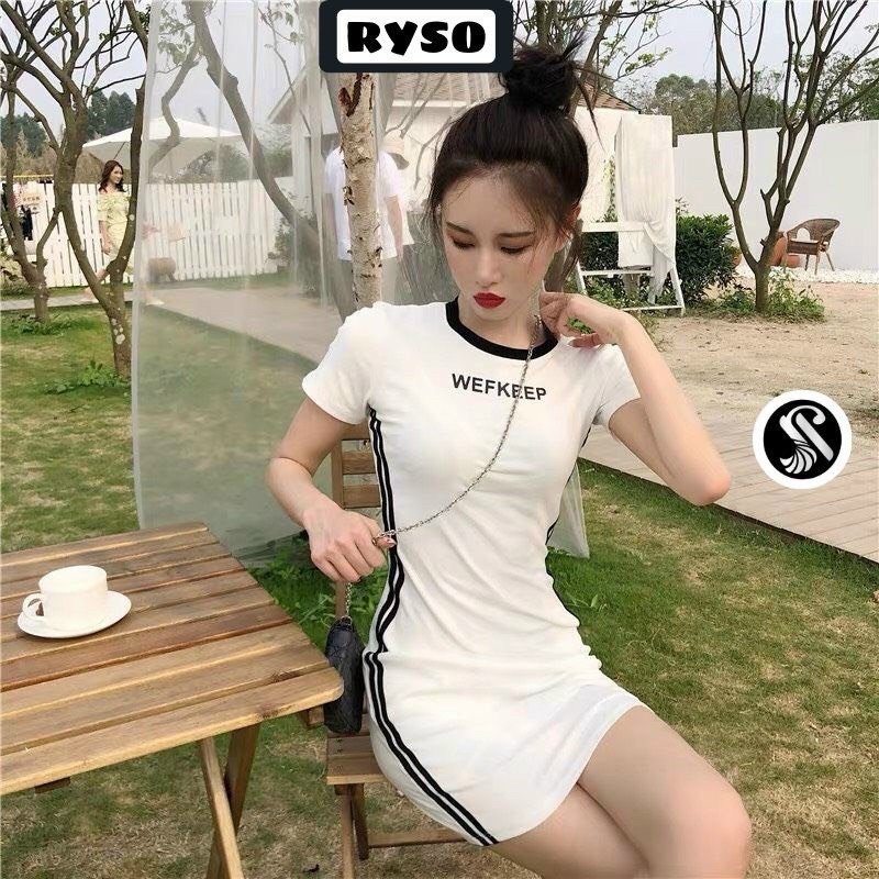 đầm tay ngắn cổ tròn viền màu sọc thân 2 bên cực hot chữ ngực kng