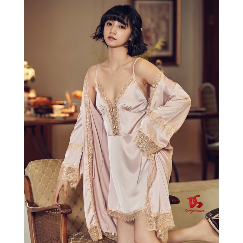 Set Đầm &amp; Choàng Phi Lụa Phối Ren Mi Gợi Cảm