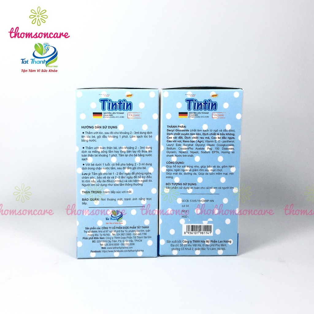 Sữa tắm gội cho bé Tintin chai 200ml có vòi 2 trong 1 thảo dược, cho trẻ từ sơ sinh, giảm rôm sảy, mẩn ngứa, hăm da