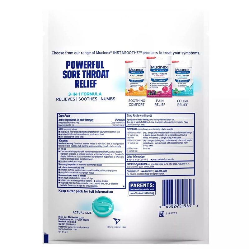 Kẹo ngậm Mucinex Instasoothe Sore Throat - nhiều vị, 40 viên
