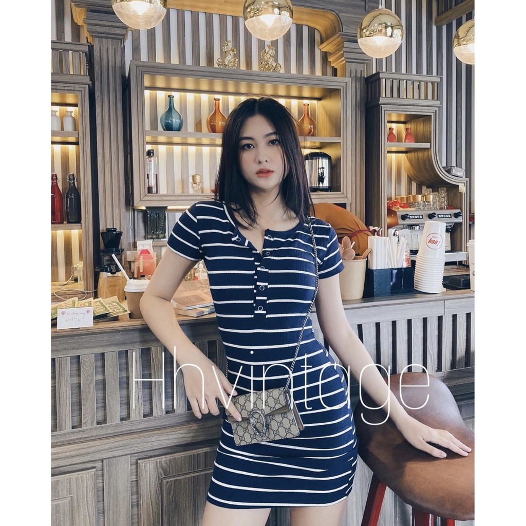 Đầm body nữ tay ngắn HHVINTAGE kiểu bấm nút thun co giãn Dress A15