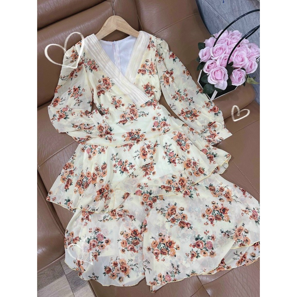 Đầm hoa vintage dáng dài ôm eo, thiết kế maxi cổ V tay bồng, phong cách retro VD014 | BigBuy360 - bigbuy360.vn