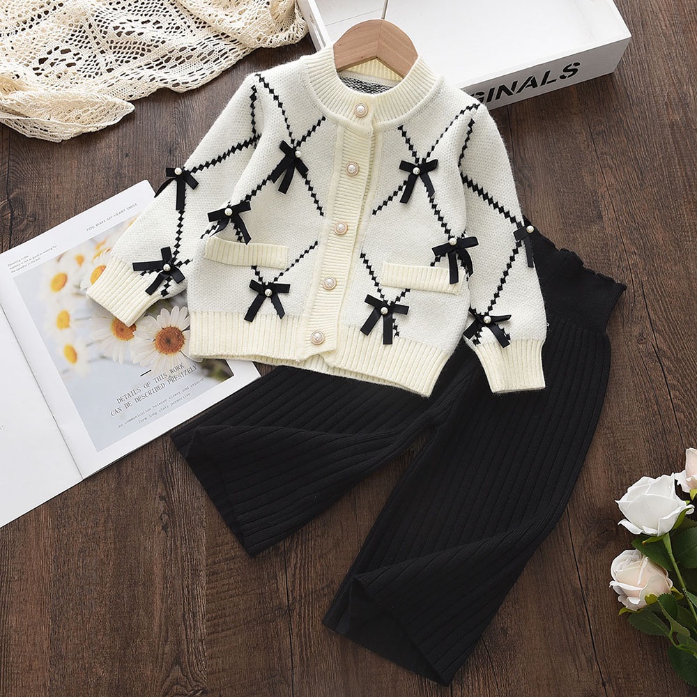 BEAR LEADER Bộ Áo Khoác Cardigan Đính Nơ + Quần Dài Thời Trang Thu Đông Cho Bé Gái 2-6 Tuổi