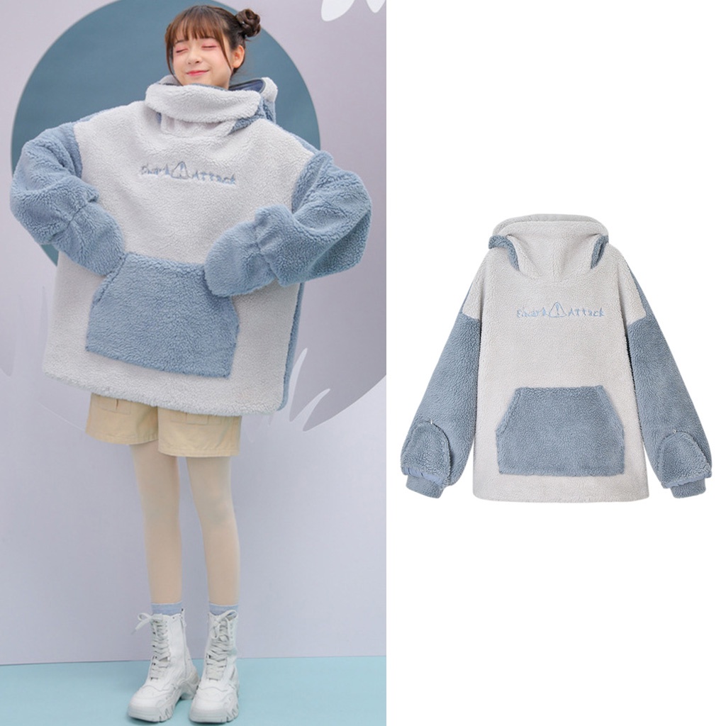 Áo Khoác Hoodie thiết kế hình cá mập chất dày dặn phối khóa kéo đáng yêu cho nữ