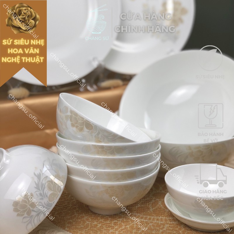 Set bát dĩa 12 món sứ xương hoa văn bắc âu cổ điển - Sứ xương siêu nhẹ Minh Châu